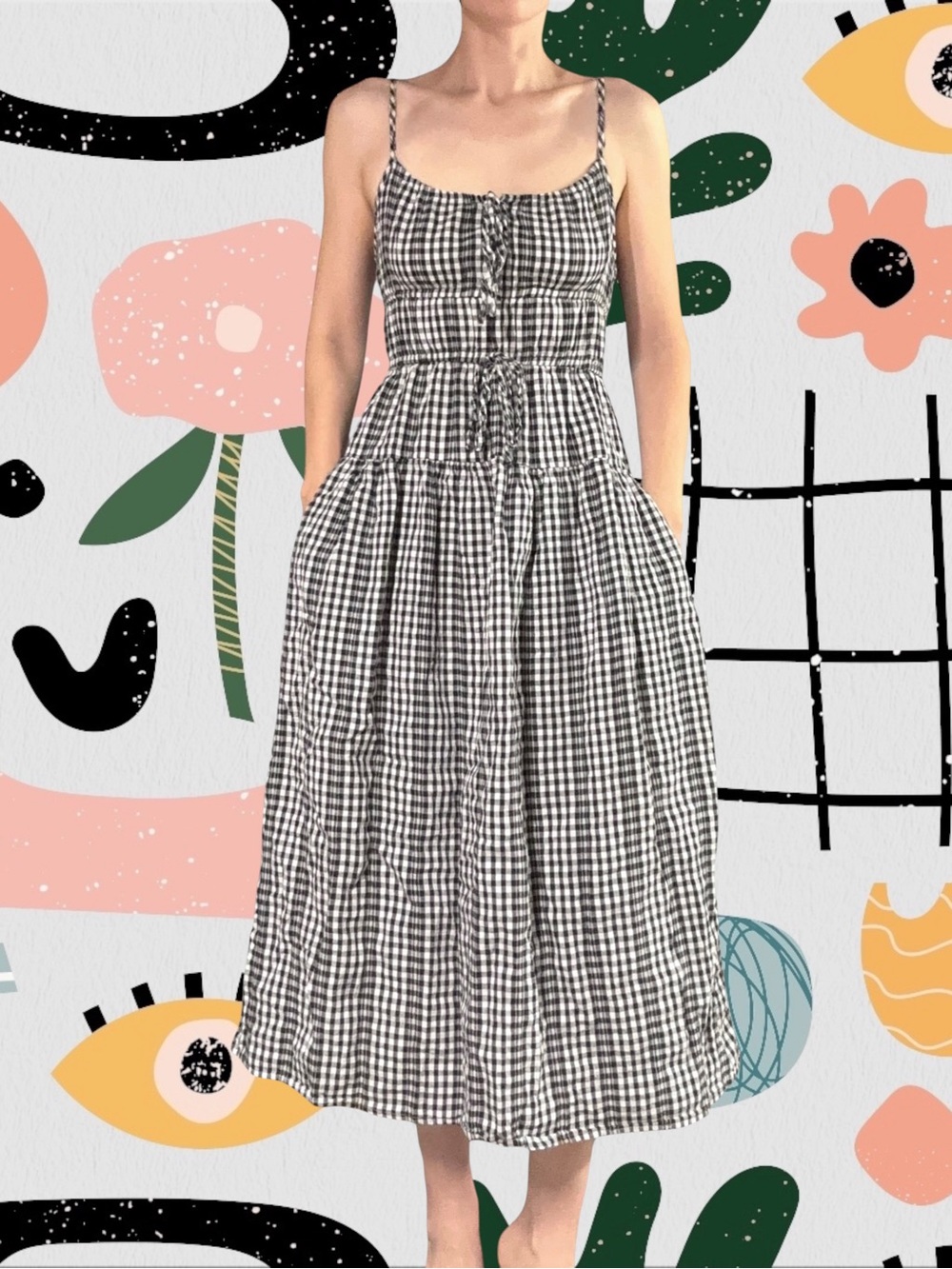 Sim & Sam | Black and White Gingham Checkered Drop Waist Midi Dress